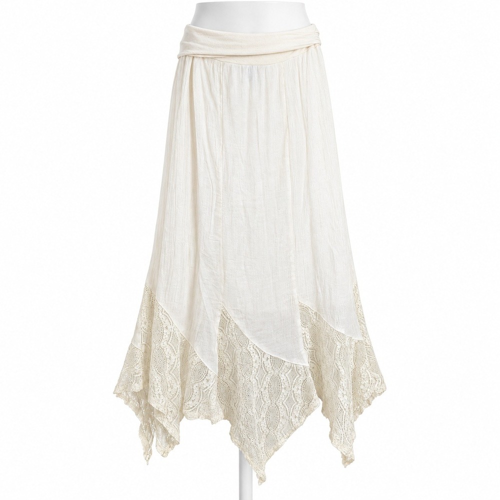 Vintage Y2K Lace Handkerchief Hem Maxi Skirt Sz M White Boho Crinkle Fairy Indie